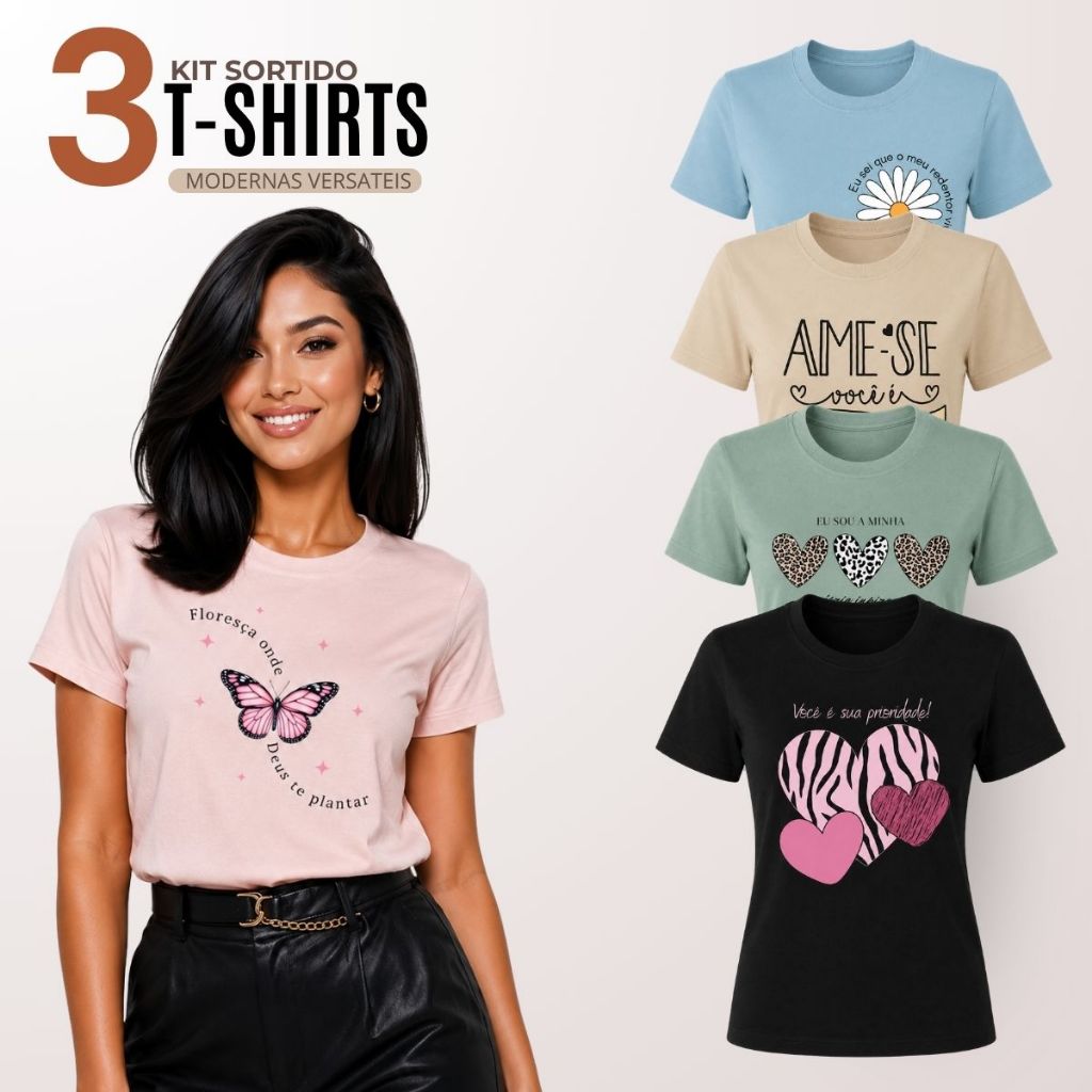 Kit 3 T-shirt Feminina Blusa Feminina Baby Look Feminina Camiseta Feminina Blusas