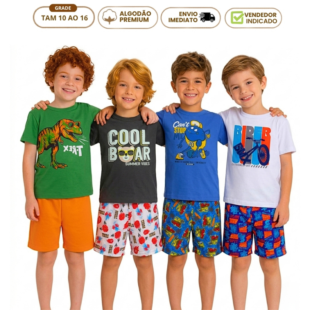 Kit 6 Peças Conjunto Infantil Menino Verão 3 Camiseta 3 Bermuda Masculina Roupa Juvenil 10 ao 16 anos Liso e Estampado