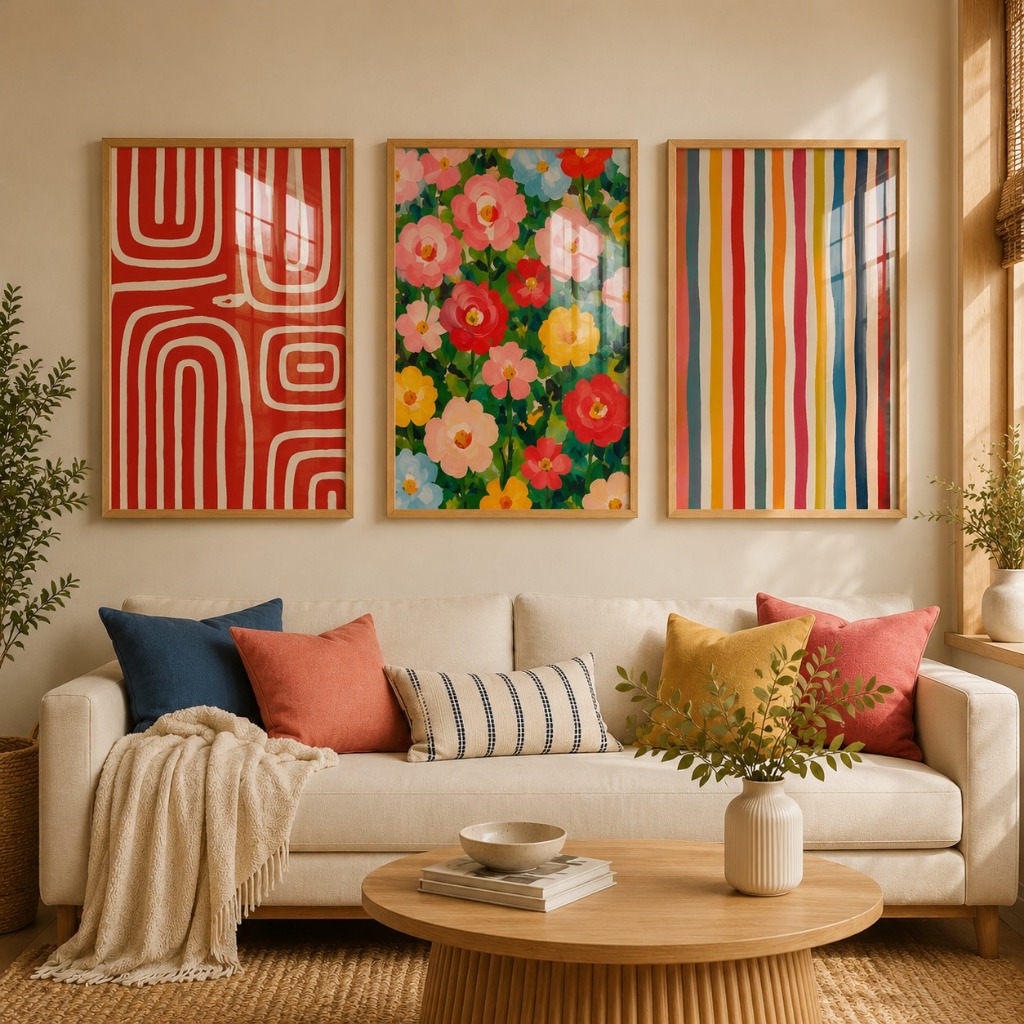 Kit 3 Quadros Decorativo Arte Abstrata e Floral Em Tons Vibrantes