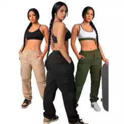 Calça Cargo sarja Larga Masculina Feminina Unisex Preta Caqui Azul Verde com Bolsos