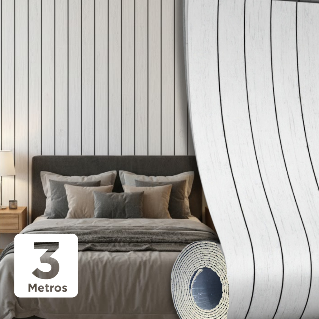 Imagem Painel Ripado Branco 3D Vinílico Autocolante 300x60cm Madeira Impermeável Parede Lavável