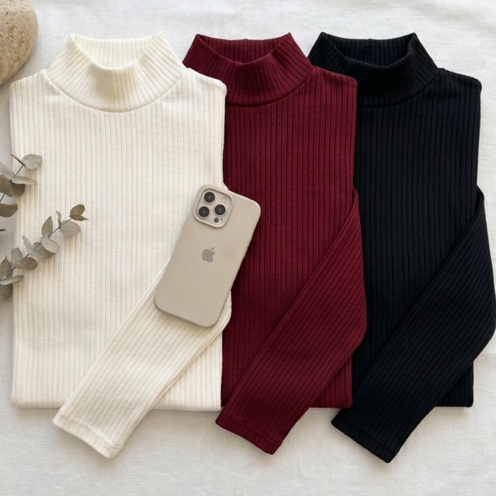 Cacharrel Gola Alta Blusa Canelada Manga Longa Tendência Elegante Moda Inverno Casual Feminina