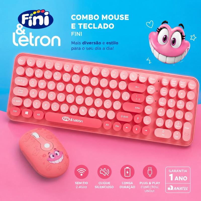 KIT FINI Mouse e Teclado Wireless com Mini Receptor - Letron