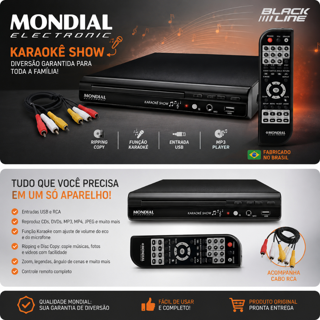 DVD Player Mondial D20 Karaokê USB MP3 com Ripping – CD para Pendrive + Controle