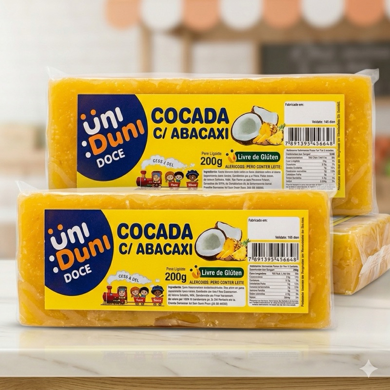 2 Cocada com abacaxi em barra 200g. Uni Duni Doces.