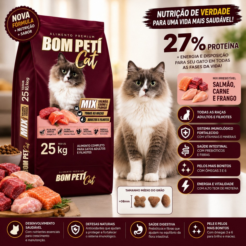 Ração Gato Filhote Adulto 25kg Bom Petí Cat Mix Premium Sabor Salmão Carne Frango 27% Proteína