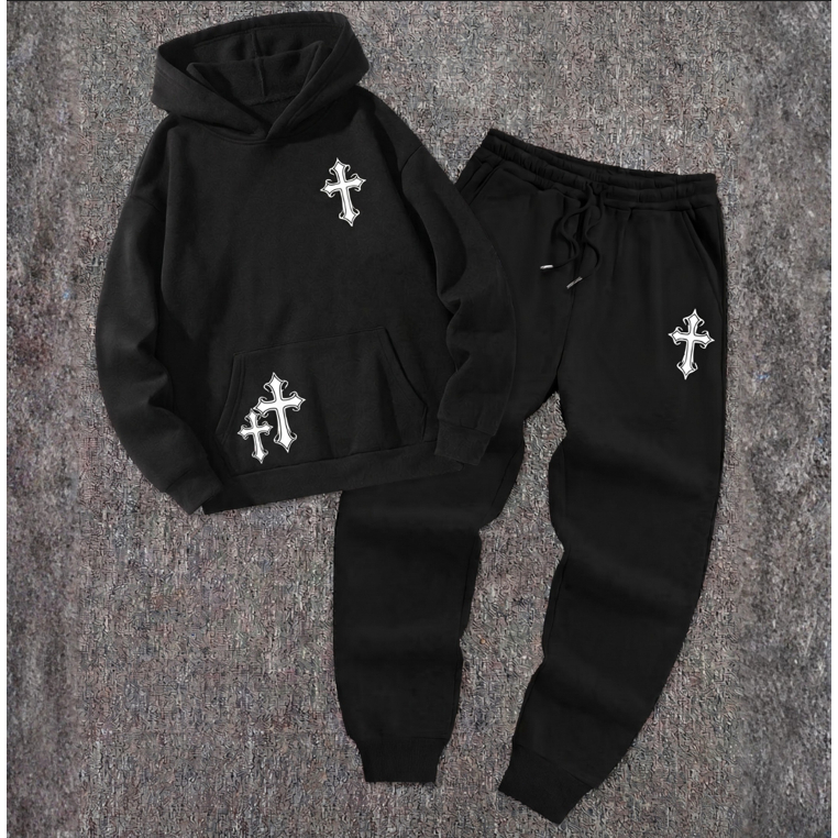 Conjunto De Frio Moletom Oversized Grunge Dark Cruz Lançamento Jooguer Canguru Moda