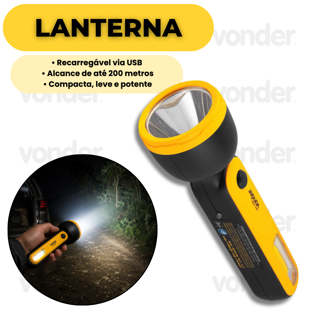 Imagem Lanterna Recarregável LED Vonder USB Compacta Alta Potência Camping Emergência Portátil Resistente