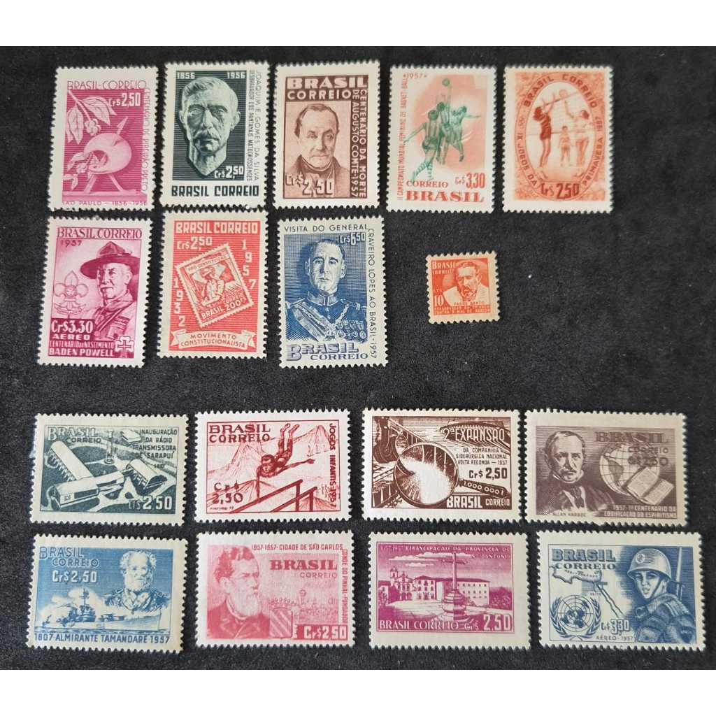 ANO COMPLETO DE SELOS DE 1957 - SELOS COMEMORATIVOS NOVOS DO BRASIL + HANSEN. FILATELIA.