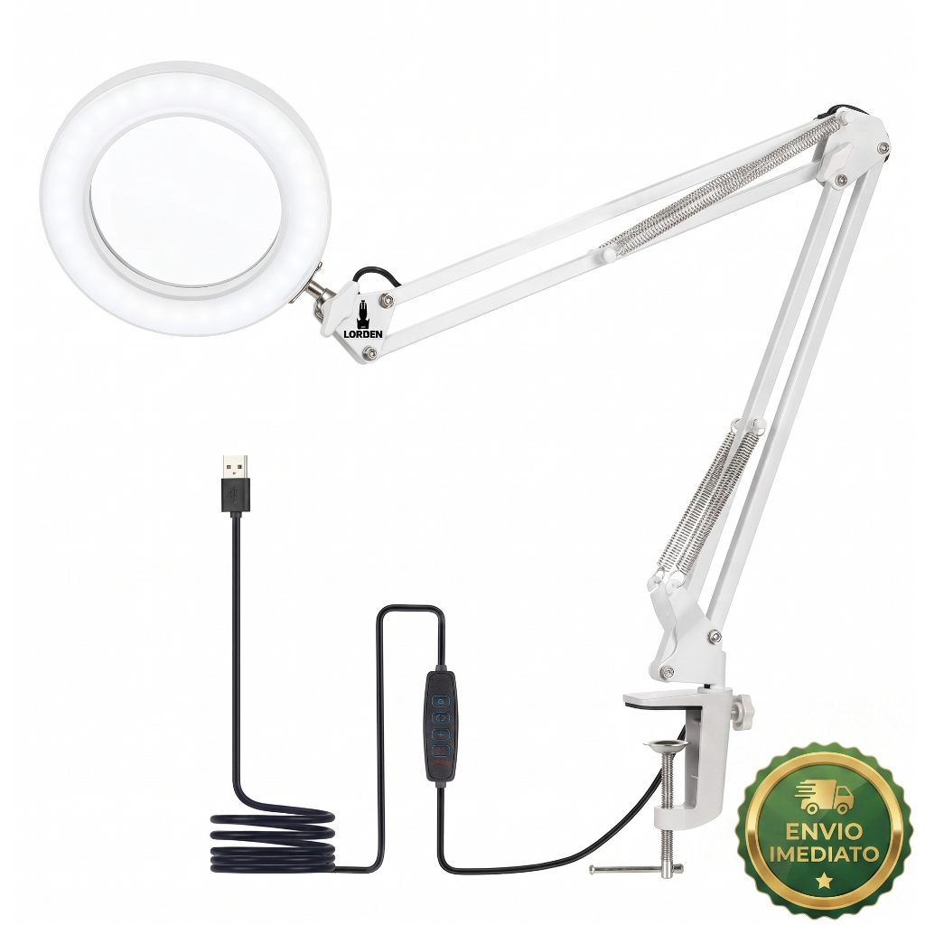 Lupa De Mesa Com Luz LED E Braço Articulado 8x Profissional Estética Eletrônica Leitura Hobby