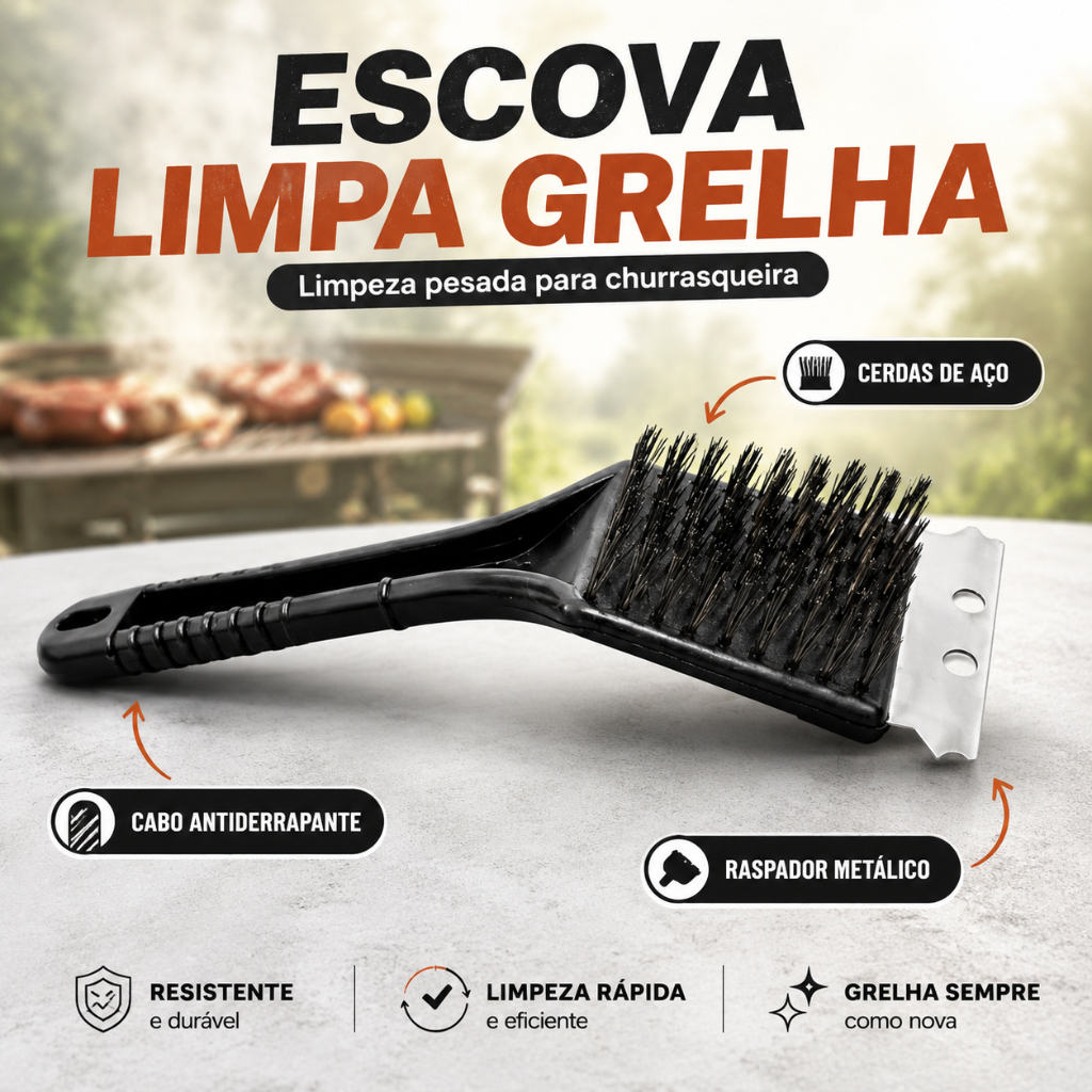 Escova Limpa Grelha Churrasqueira Aco Inox Reforcada Cabo Antiderrapante Limpeza Pesada