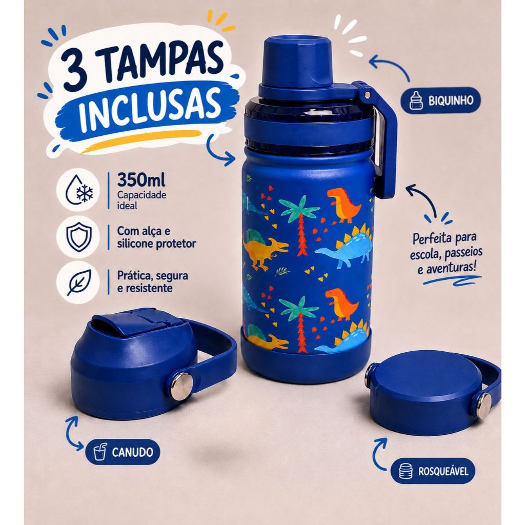 Garrafa Térmica Infantil 350ml Menino 3 Tampas Com Alça e Silicone | Aço Inox 304 | Escola | Quente e Frio