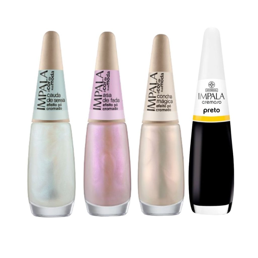 Kit 4 Esmaltes Impala– Efeito Pó Cromado 7,5ml+ Preto Cremoso Cauda Sereia + Asa De Fada + Concha Mágica + Preto Cremoso
