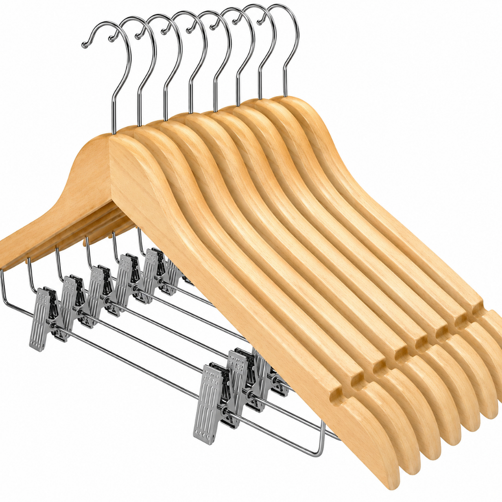 Kit 5 Cabides de madeira verniz com clipes prendedores de meta para calça saias resistente delicada
