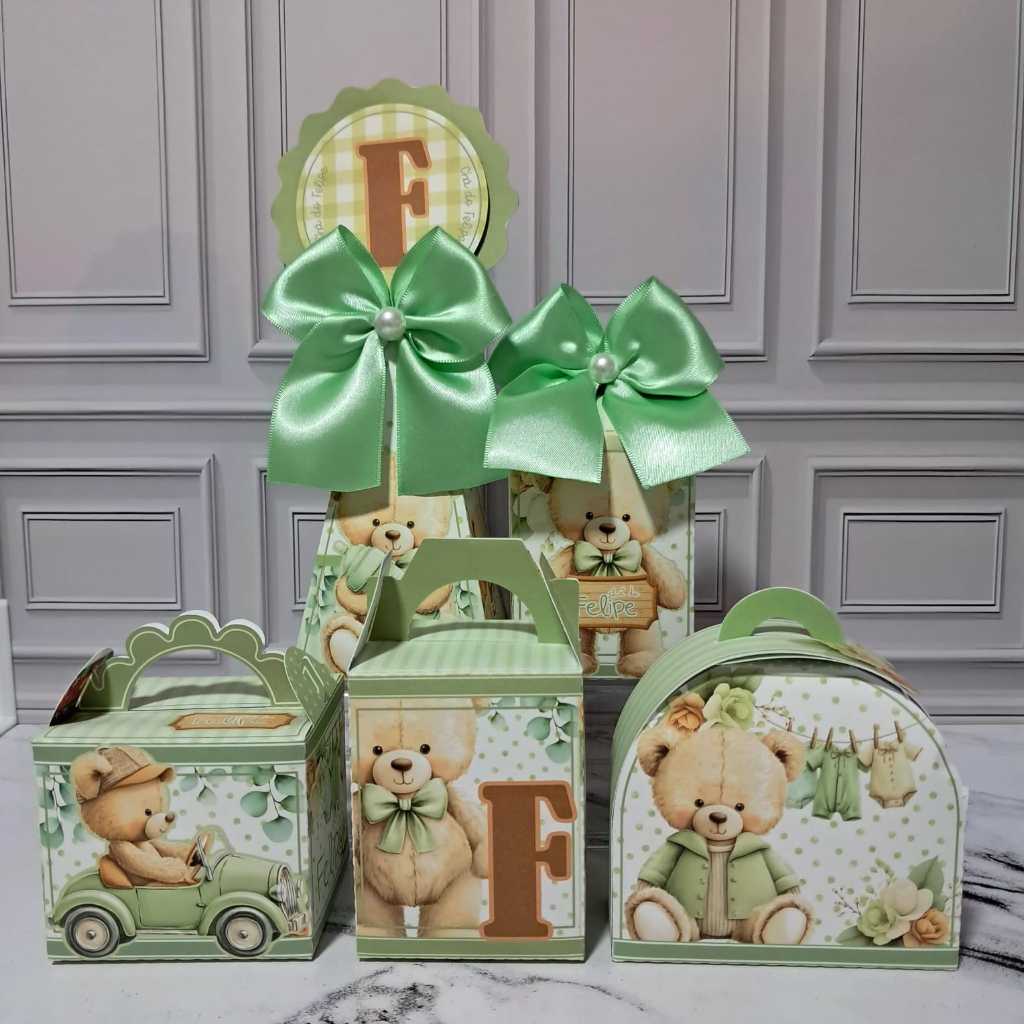 kit caixas personalizadas no tema PEGUE E MONTE URSINHO VERDE ~CHÁ REVELAÇÃO ~ CHÁ DE BEBÊ ~ lembrancinhas ~ mimos