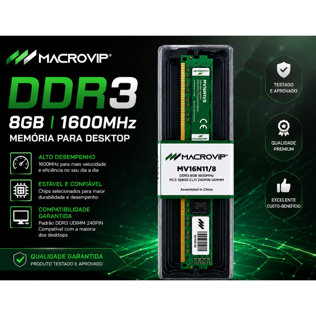 Memoria Ram MacroVip DDR3 8GB 1600Mhz Para PC Ram Original Novo Lacrado