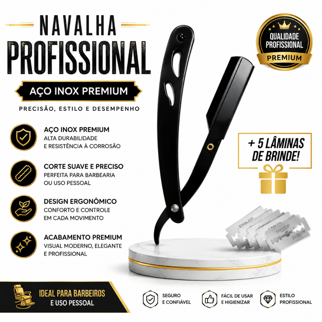 Navalha Profissional Preta Aço Inox + 5 Lâminas | Navalhete Barbeiro Premium | Navalhete Black