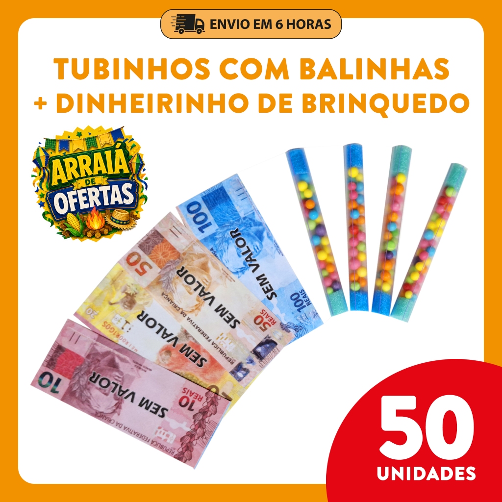 Kit 50 Tubinhos com Bala e Dinheirinho - Prenda Festa Junina Lembrancinha Infantil Festa Aniversário