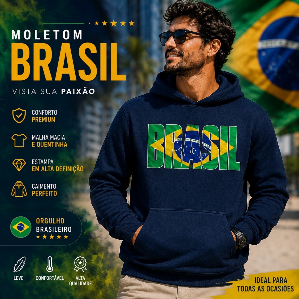 Moletom Brasil Masculino Feminino Flanelado Grosso Estampa Bandeira BRASIL Blusão Casual Premium Unissex quentinho