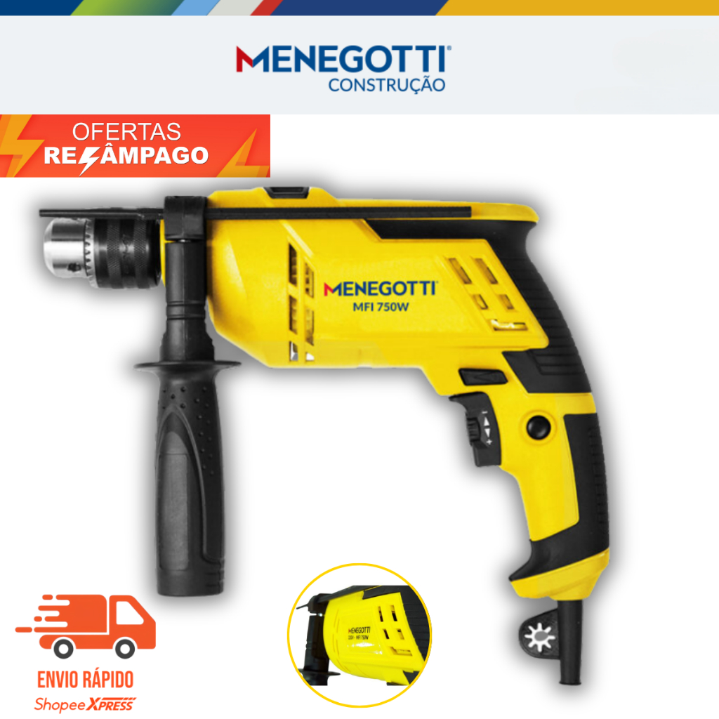 Furadeira de Impacto Menegotti MFI 750W 13 mm 127V/220V (1/2″) Impacto e Reversível 3000RPM