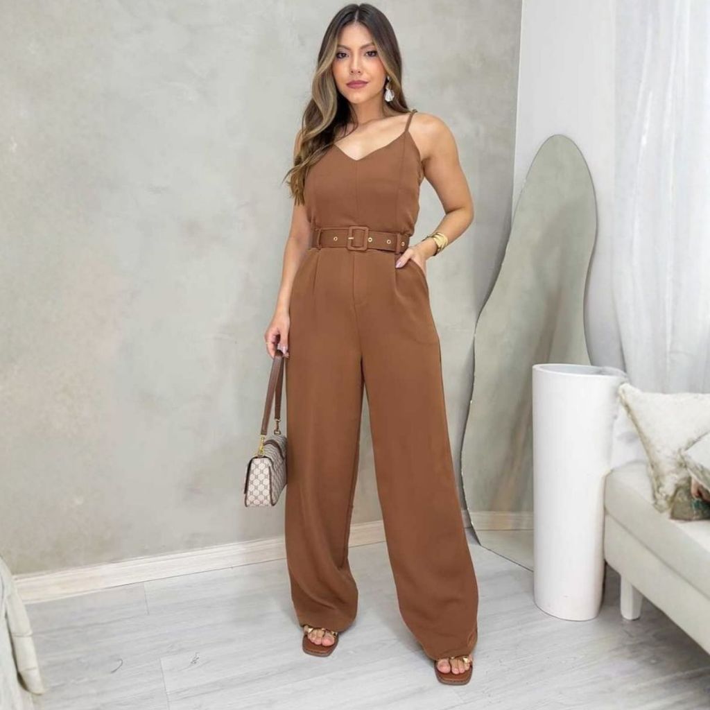 Macacão Feminino Com Cinto Pantalona Elegante Tecido Premium Look Moderno