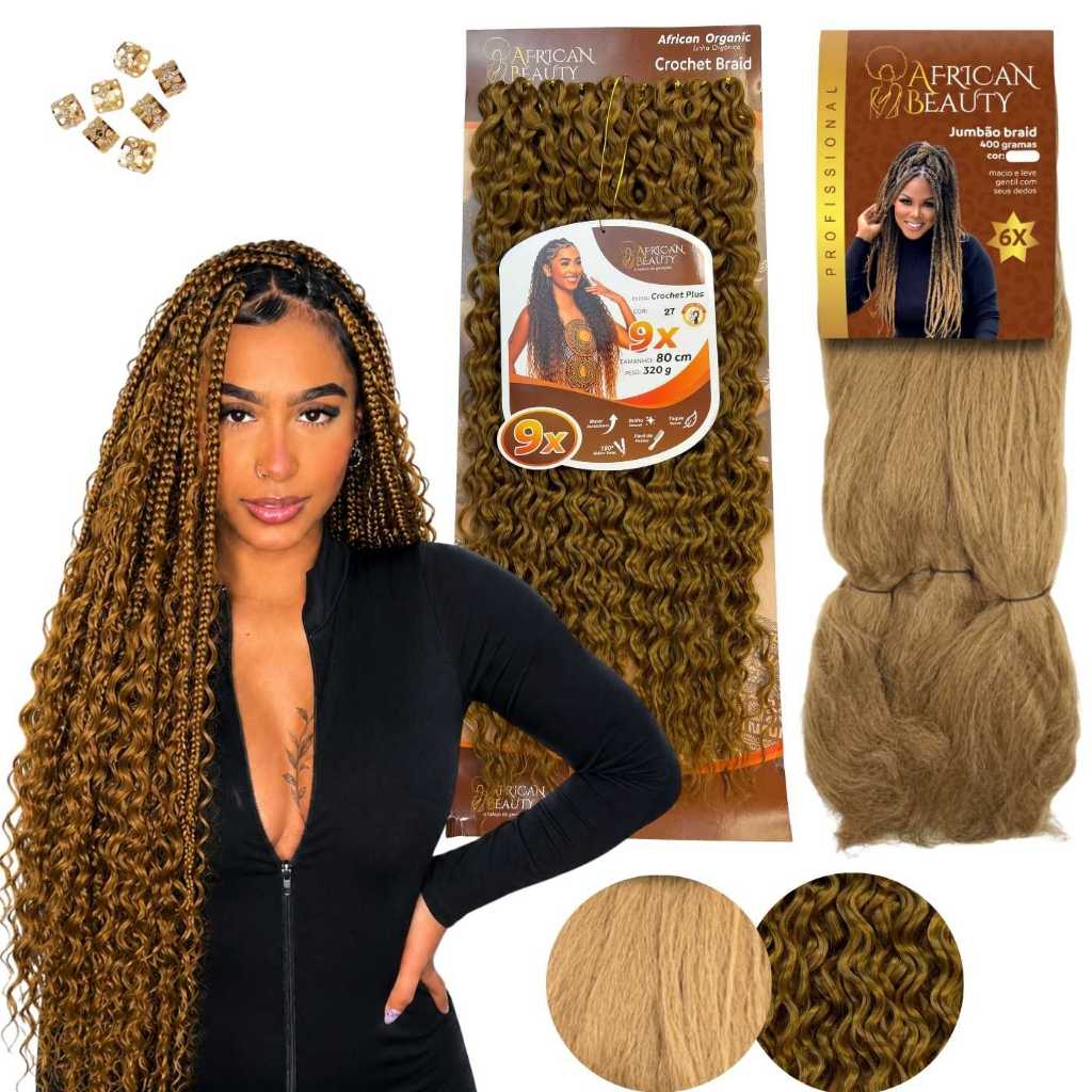 Kit Gypsy Cabelo Jumbo African Beauty 400g e Crochet Plus 80cm Tranças Crochet Braids