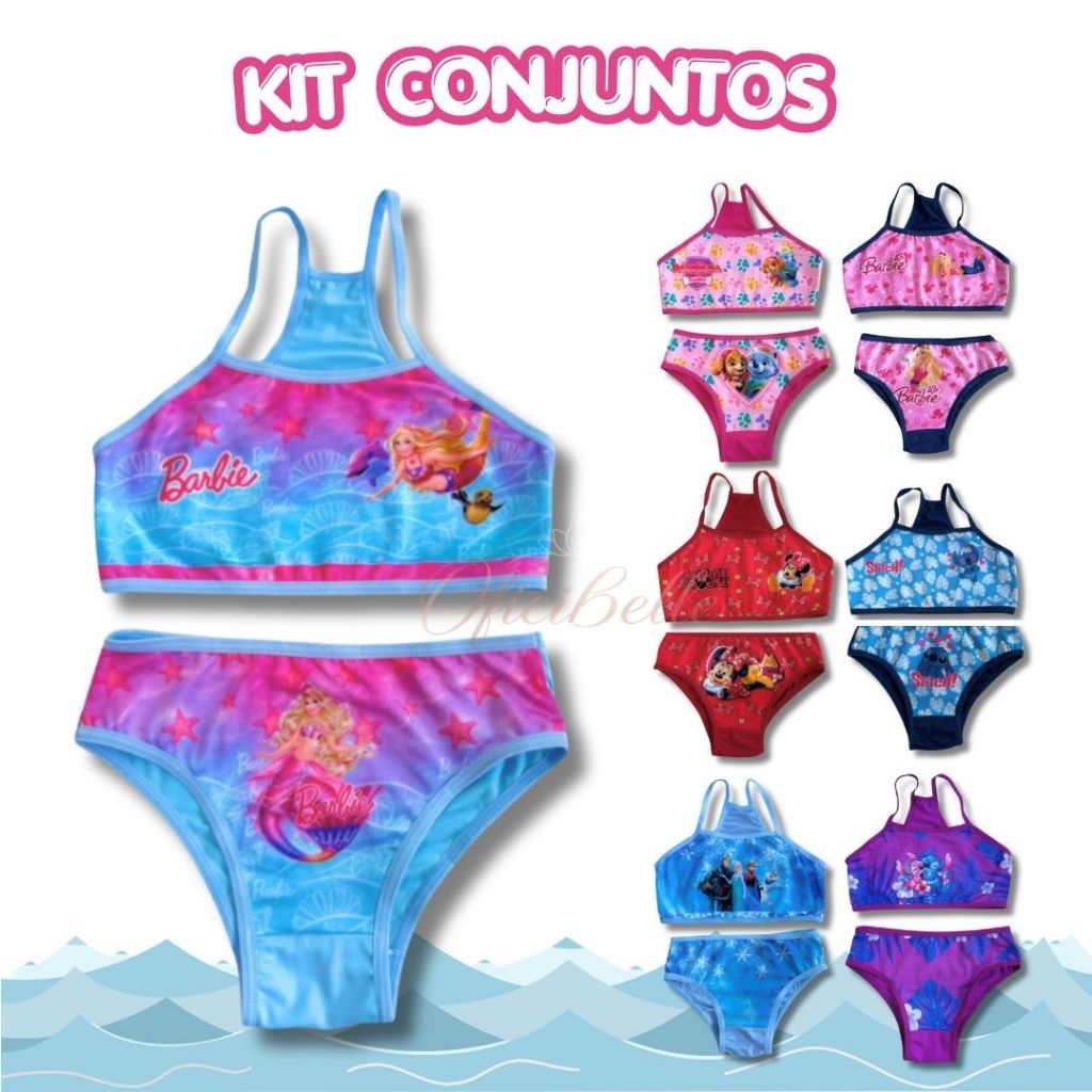 KIT Conjunto Feminino Biquíni Infantil Sublimado Estampado Verão Calcinha e Top Nadador Conforto