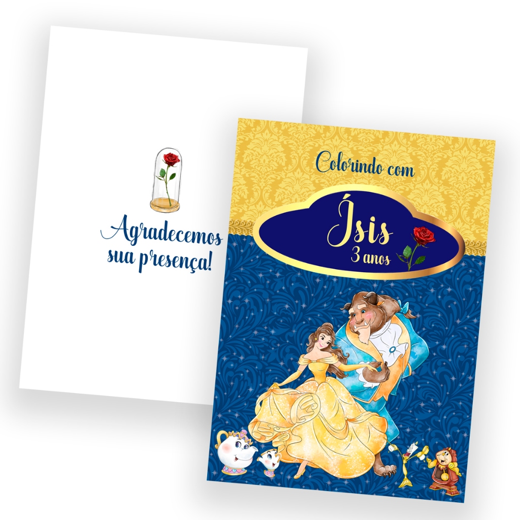 Kit Livro de Colorir Personalizado Capa Brilho Lembrancinha Aniversário A Bela E A Fera Menina Ou Qualquer Tema