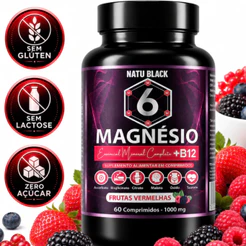 MAGNÉSIO 6 TIPOS + B12 MELTICOBALAMINA Sabor Frutas Vermelhas 60 Comprimidos - POTE PARA 60 DIAS USO