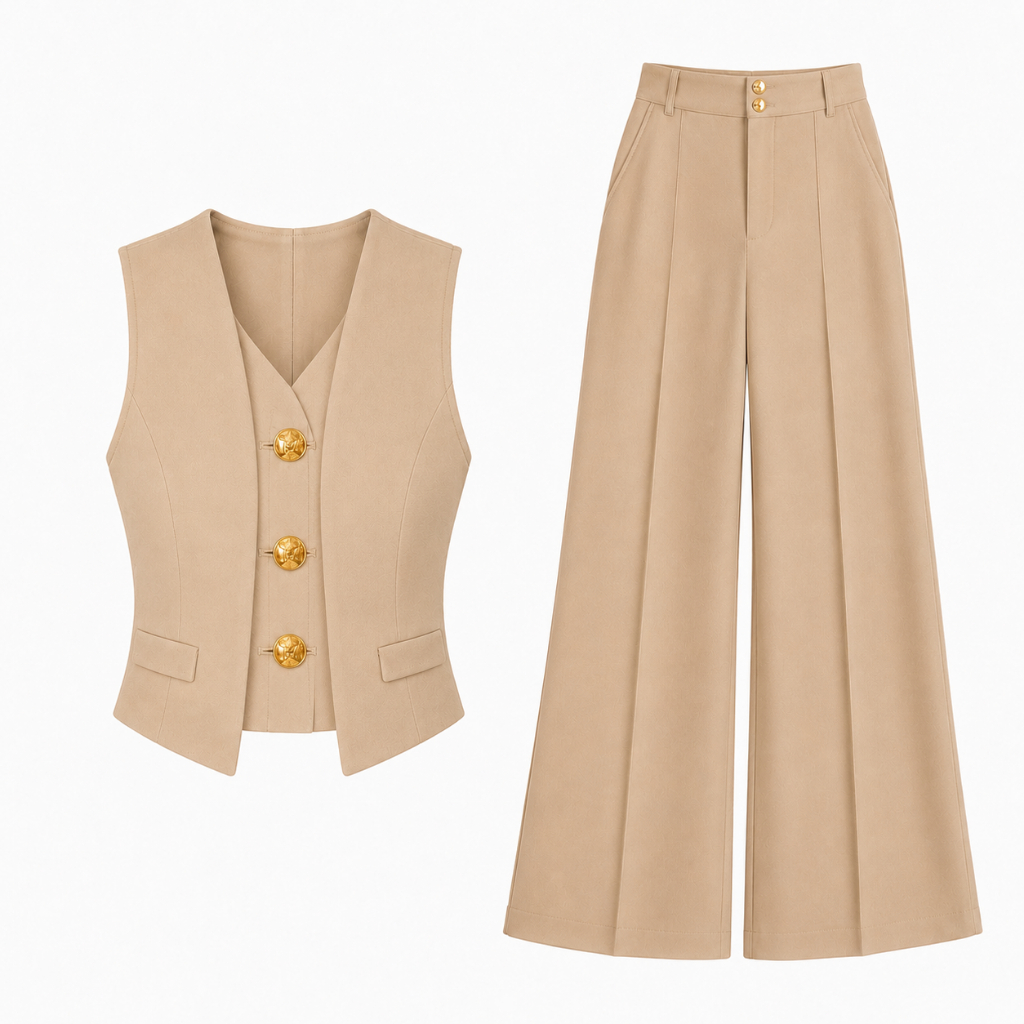 Conjunto Alfaiataria Feminina Luxo Bege Colete Acinturado + Calça Pantalona Wide Leg Premium Elegante & Sofisticad
