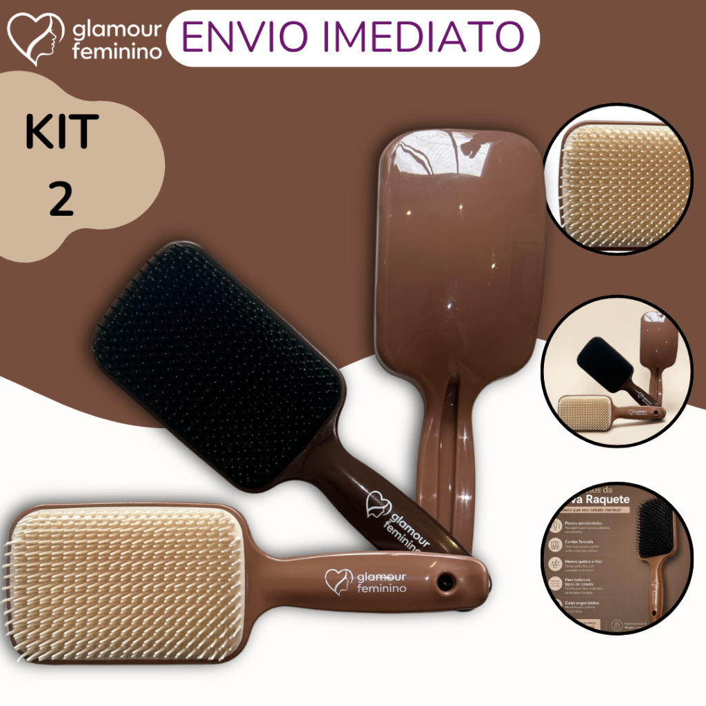Kit 2 - Escova Raquete PremiumFlex - Pra Cabelo - Para Desembaraçar Cabelos -Glamour Feminino