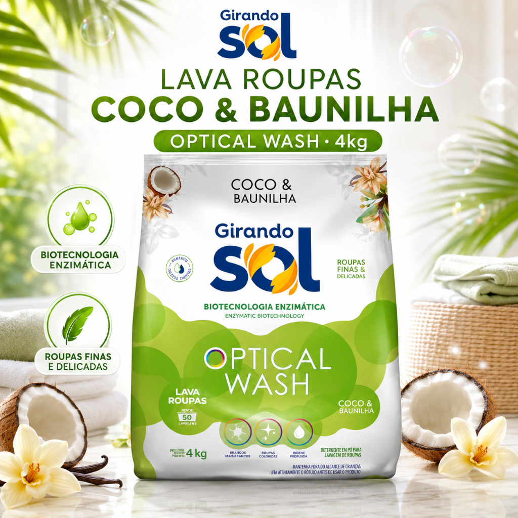 Sabão em Pó 4Kg - Girando Sol-Coco Baunilha Pacote Econômico Perfumado Lava Roupas Rende 50 Lavagens