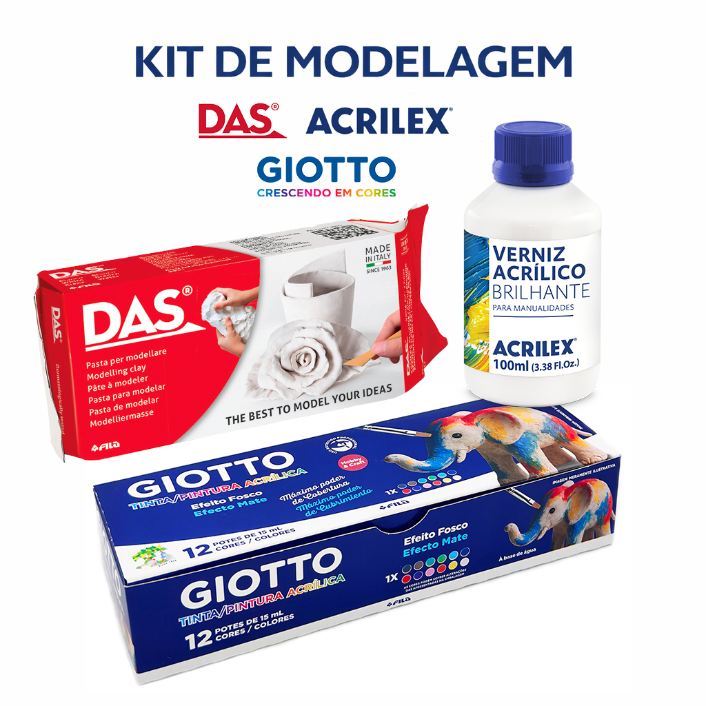 Acrilex Das Giotto Kit Ceramica Fria 500g + Tinta Acrilica Fosca 12 C + Verniz Acrilico Brilho100ml
