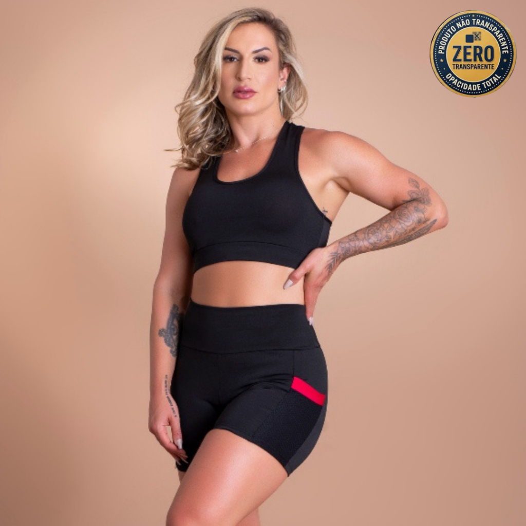 Conjunto Fitness Feminino Short Com Bolso Cabe Celular E Top Nadador Básico Moda Academia ZERO TRANSPARÊNCIA