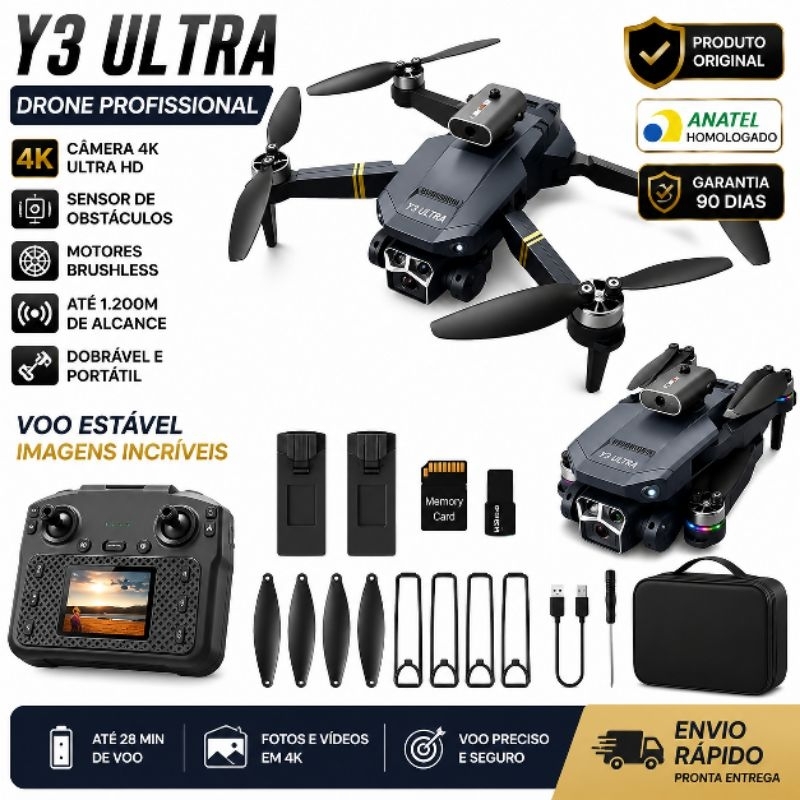 Drone Y3 Ultra Max 4K Profissional 2 Baterias Brushless Sensor de Obstáculos Controle com Tela Drone Dobrável