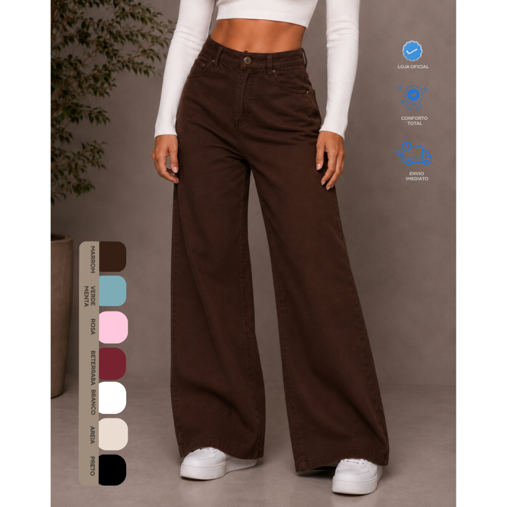 Calça Feminina Wide Leg Pantalona Cintura Alta Sarja Coloridas Top