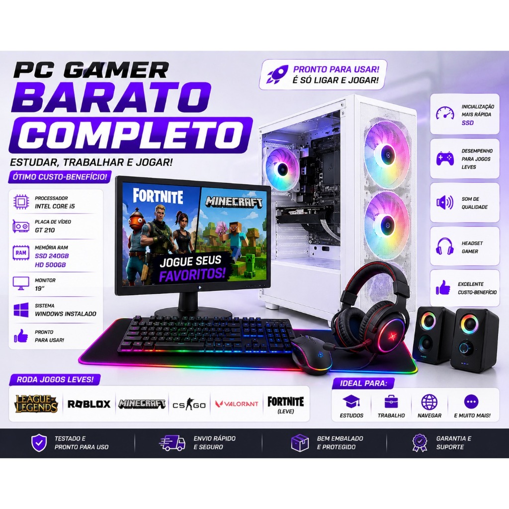 PC Gamer Barato Completo i5 GT 210 SSD+HD 500GB Headset Gamer Monitor 19 Windows