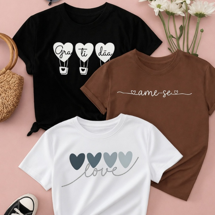Kit 3 Camisetas Femininas Românticas Love Gratidão Ame-se Estampadas Algodão Casual Confortável