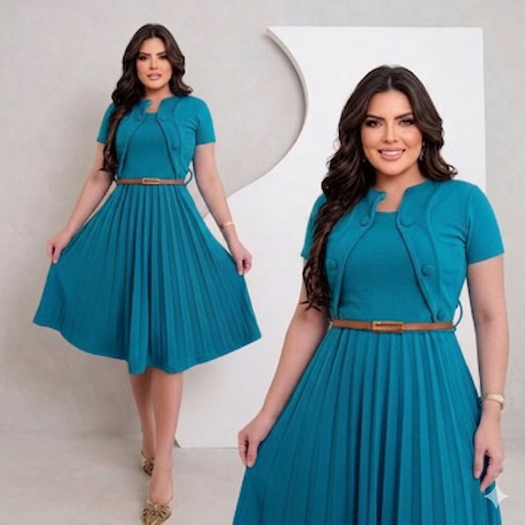 Vestido Feminino Moda Evangelica Tamanho Grande Cinto Saia Plissada Colete Congresso Manga Curta