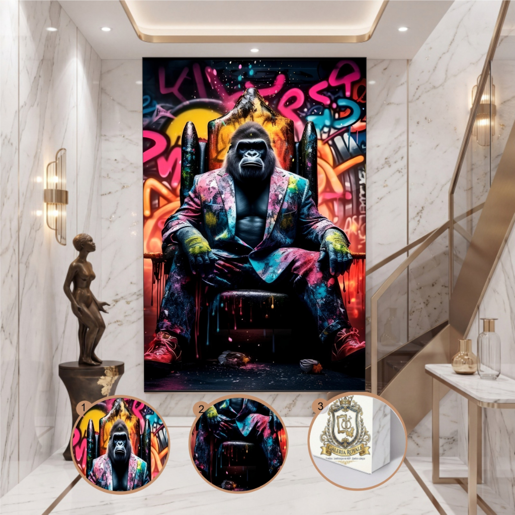 Quadro Decorativo Macaco Gorila Trono Colorido Moderno Peça Única