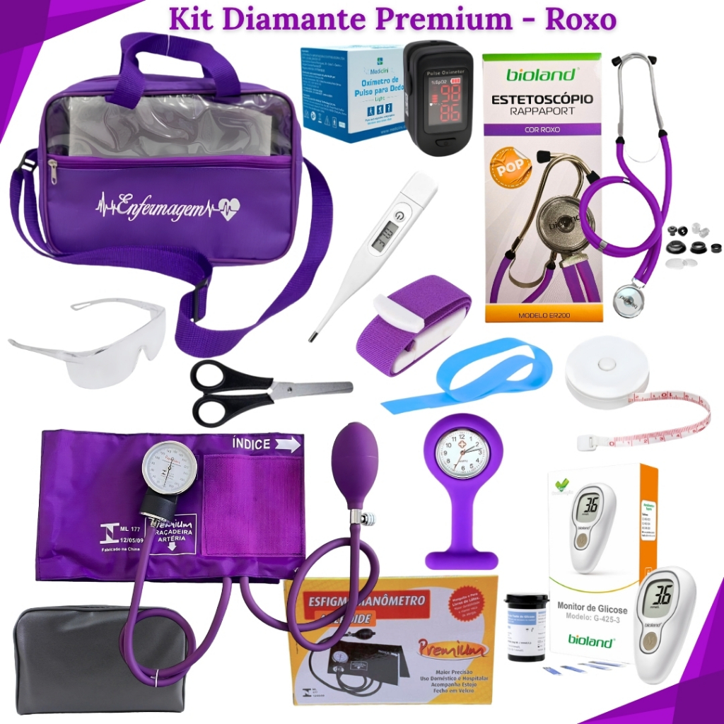 Kit de Enfermagem Completo para de Estágio com Oxímetro, Estetoscópio, Aparelho de Pressão e Acessórios - Diamante
