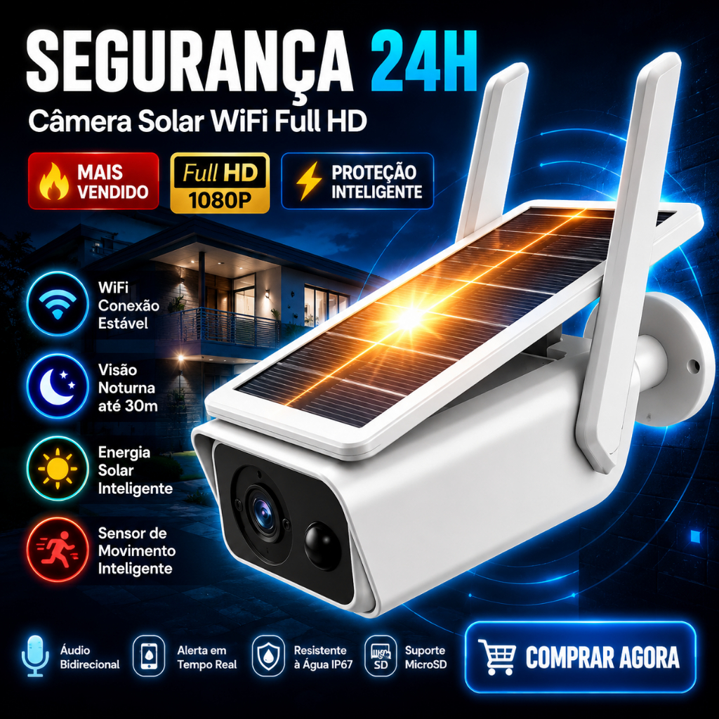 Câmera Solar WiFi Full HD Segurança Externa IP67 Visão Noturna Sensor Movimento Áudio Bidirecional
