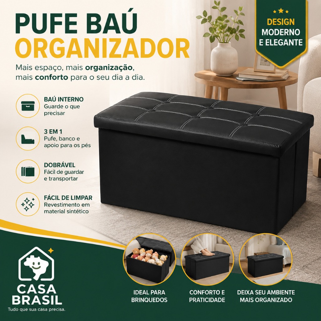 Pufe Baú Preto Organizador Para Quarto Sala Brinquedos Casa Porta Objetos Banco Estofado Decorativo