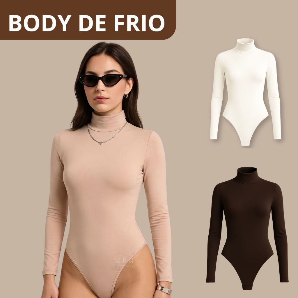 Body Feminino Segunda Pele Casual Elegante Gola Alta Manga Longa Suplex Forro Duplo Fashion