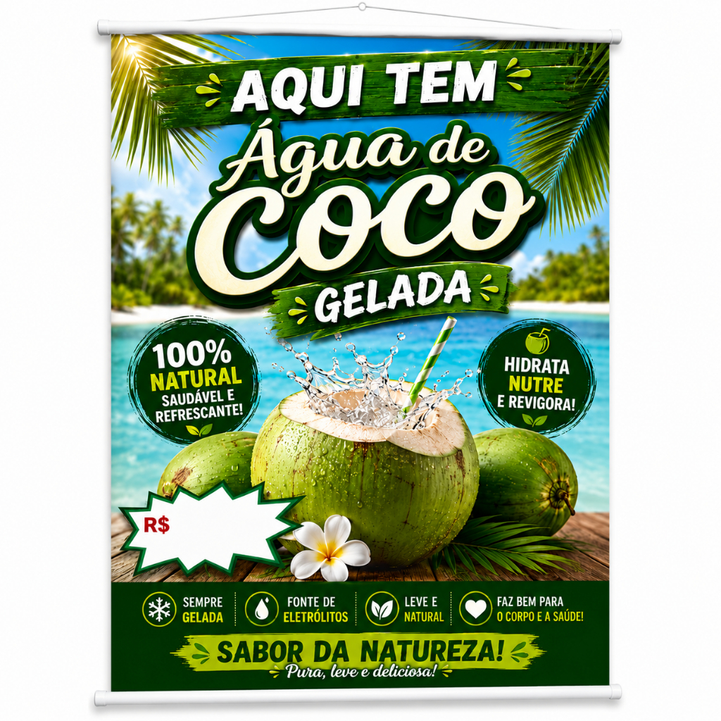 Banner Venda da Melhor Água de Coco Gelada produzido em lona. Cartaz Propaganda Divulgação Barraca Lanchonete Padaria