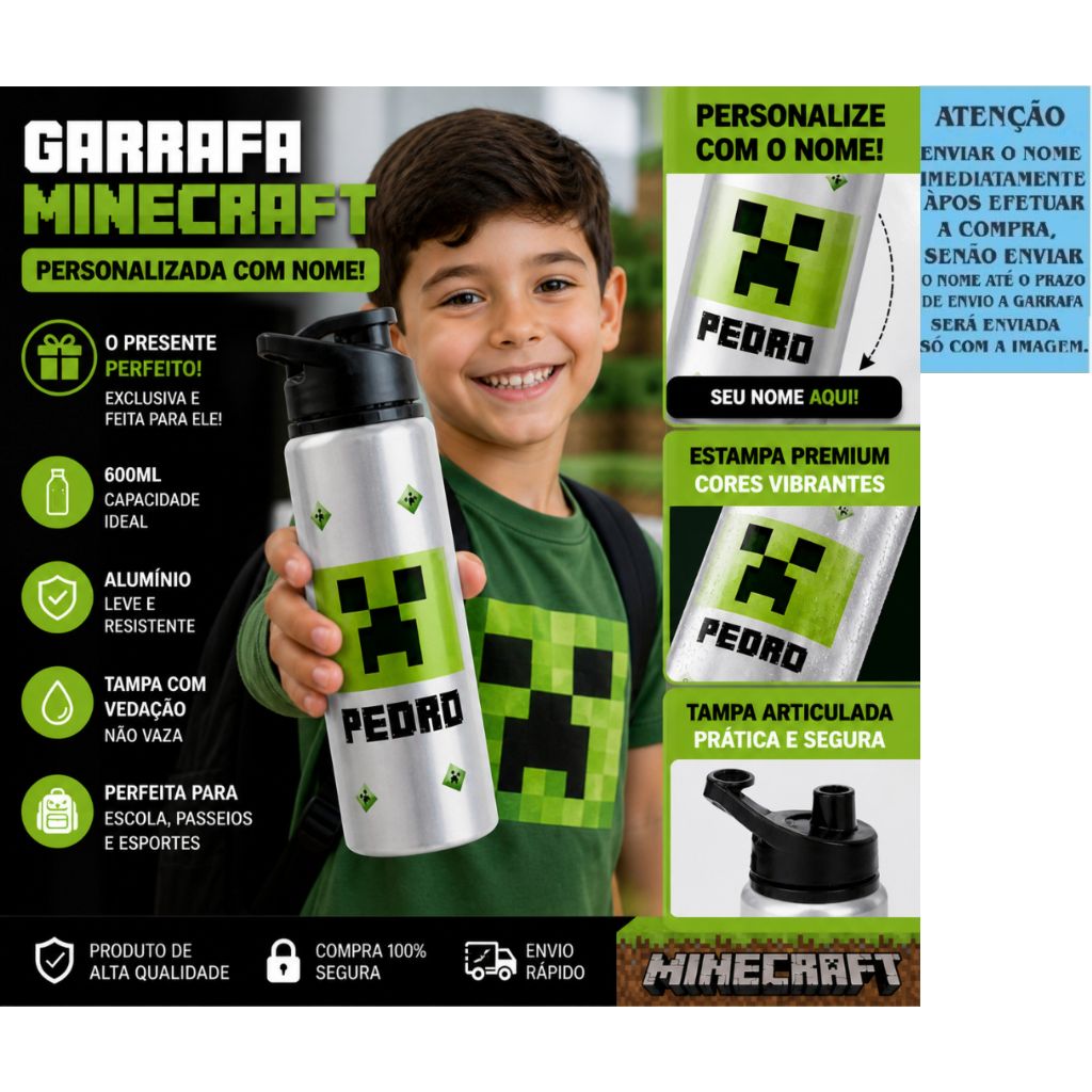 Garrafa Squeeze Infantil Personalizada com Nome Minecraft Creeper Presente Escolar 750ml