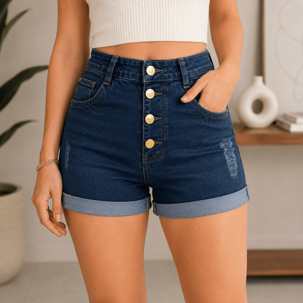 Short Jeans Elastano Azul Escuro Mom Cintura Alta Destroyed Cintura Alta Foto Real