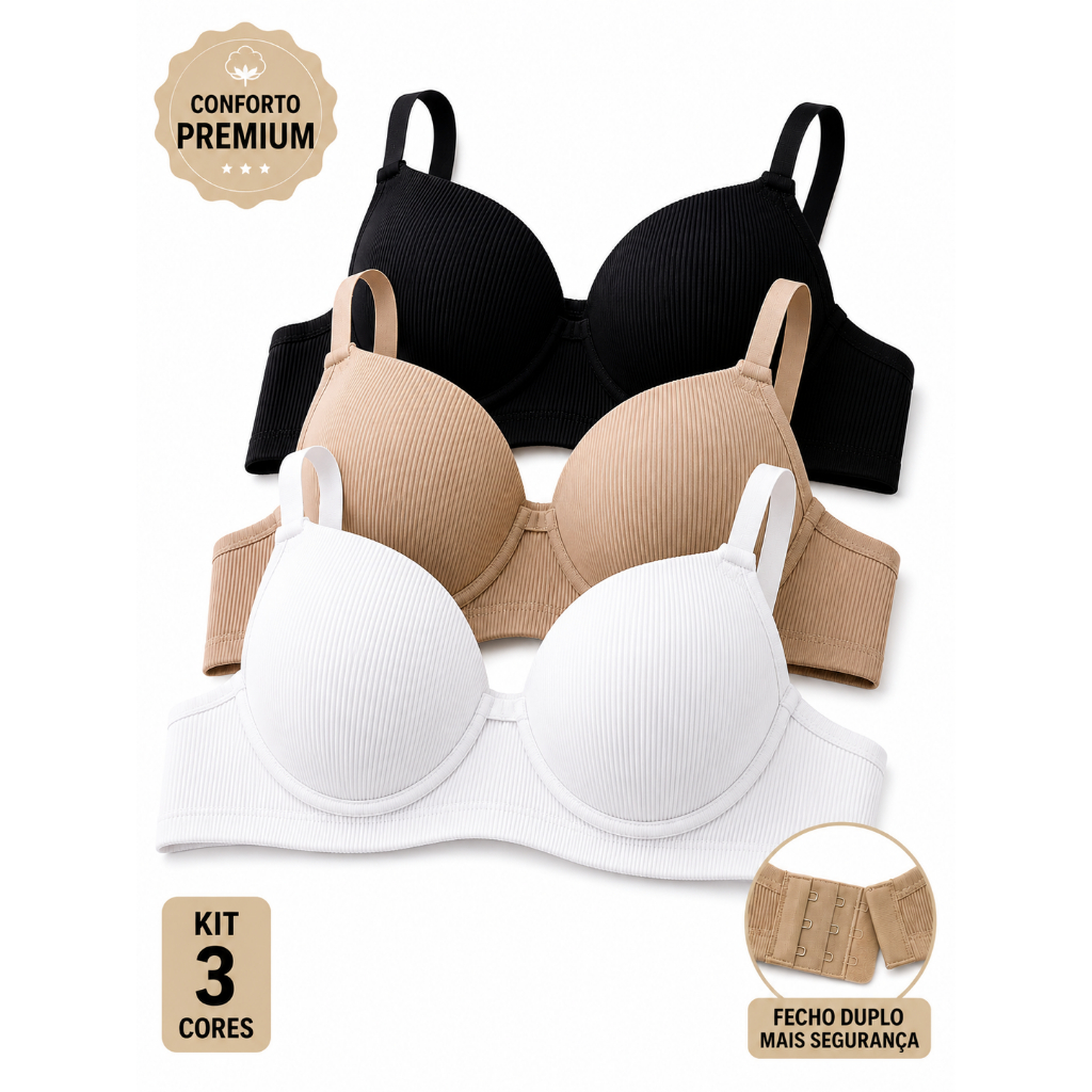 Kit 3 Sutiã Básico Reforçado Canelado Com Bojo Veste do P ao GG PROMOÇÃO