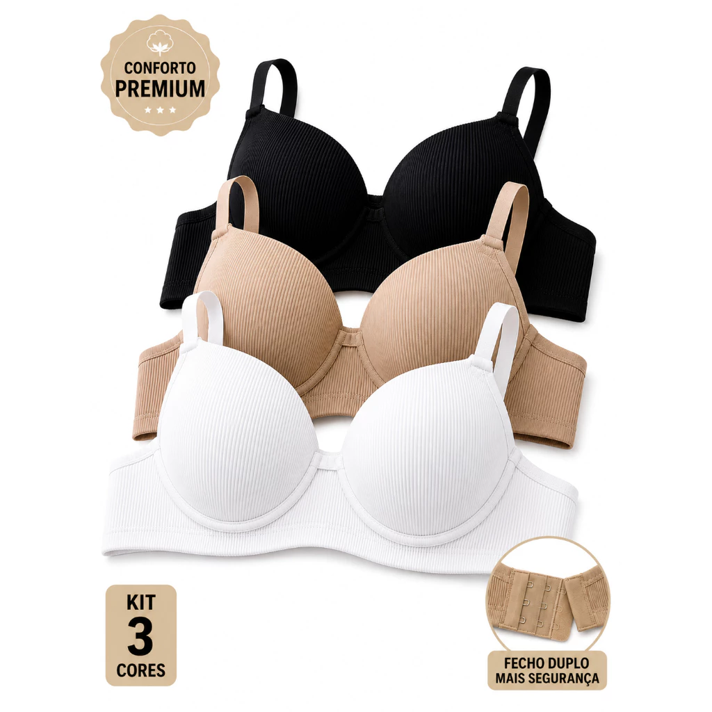Kit 3 Sutiã Básico Reforçado Canelado Com Bojo Veste do P ao GG PROMOÇÃO — imagem 1