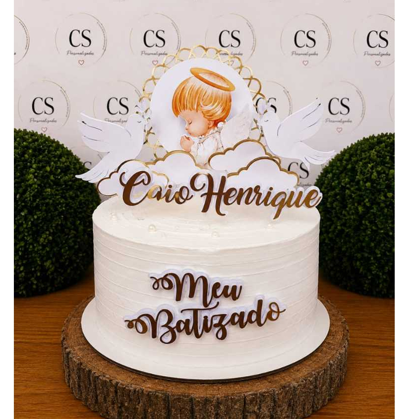 Batizado - Topo de Bolo Personalizado com Nome | Topper Batismo Anjinho Menino/Menina